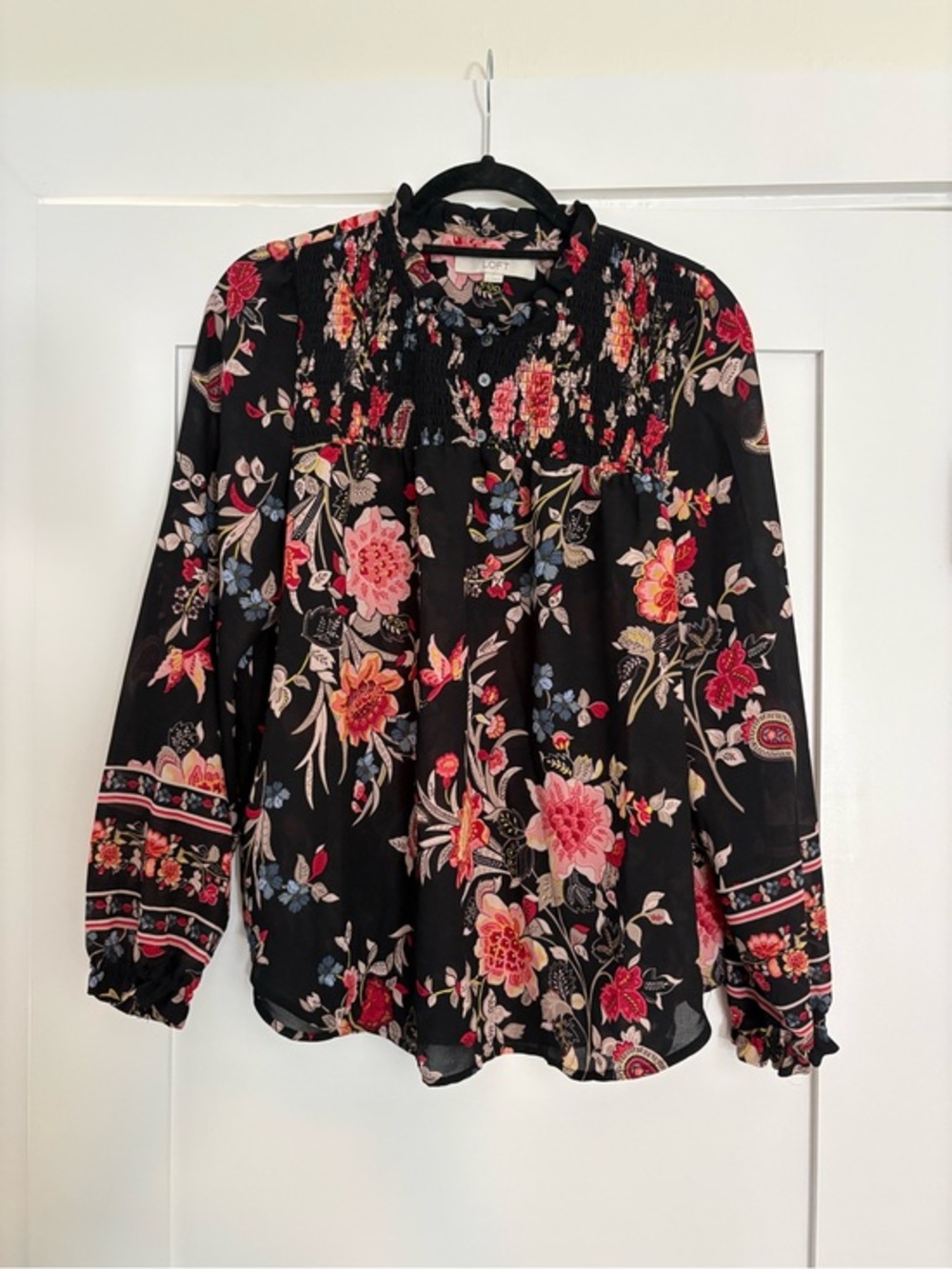 LOFT Smocked Button Floral Border Print Blouse Long Sleeve Black M